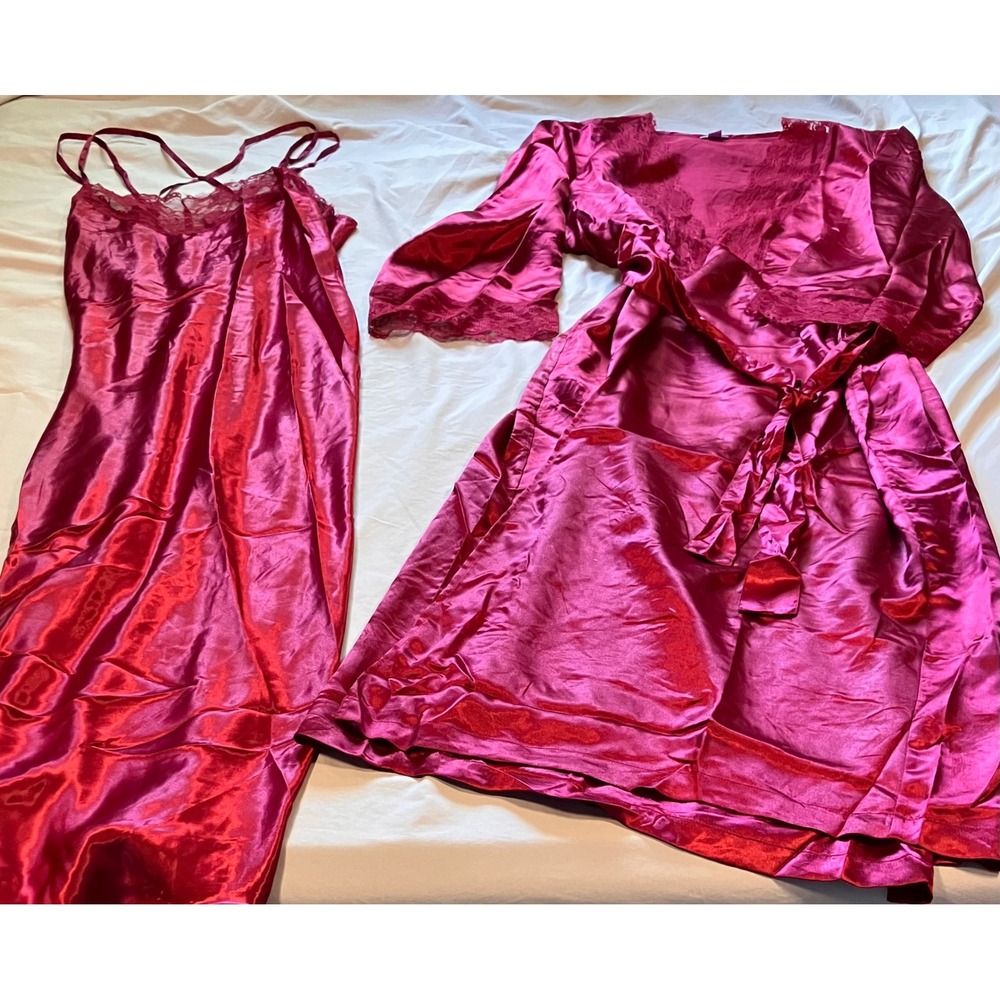 Amoureuse Robe & Nightgown Set Womens 18/20 Magenta Satin Lace Trim 2pc